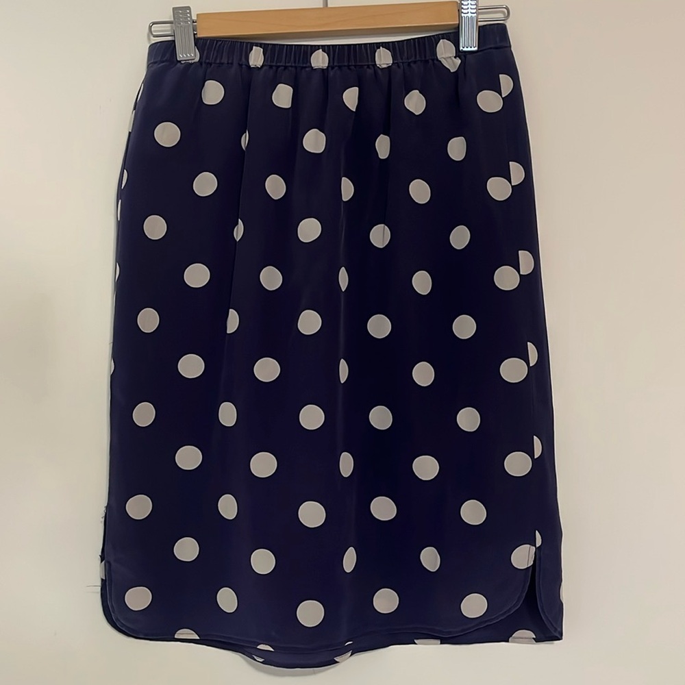 Madewell Broadway & Broome Silk Navy Blue Polka Dot Knee Length Skirt Small